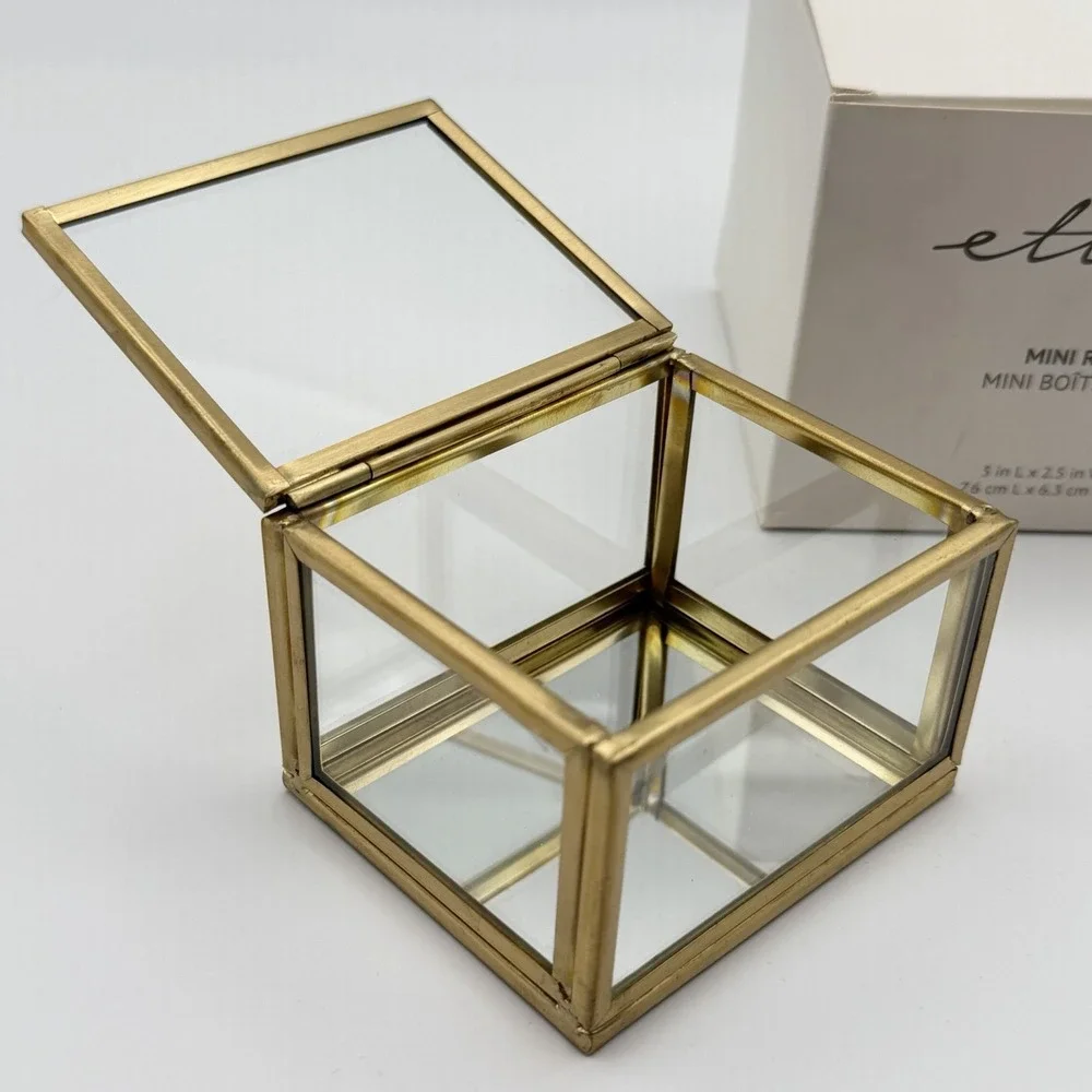 Ettika Mini Ring Box Glass & Brass 3″ × 2.5″ × 2″ Display Trinket Box